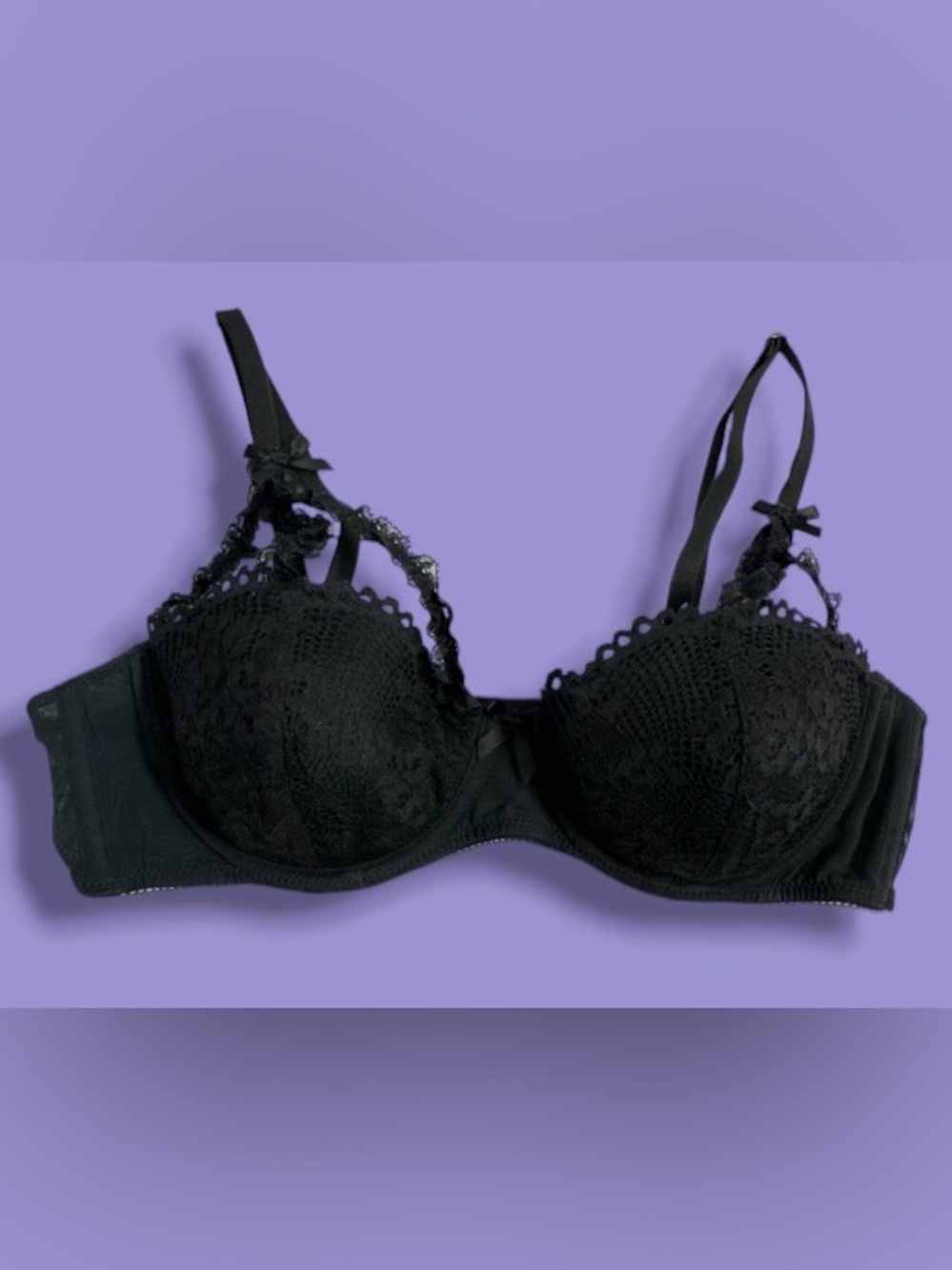 Savage X Fenty Romantic Corded Lace Bra Womens 34C Black Unlined Balconette